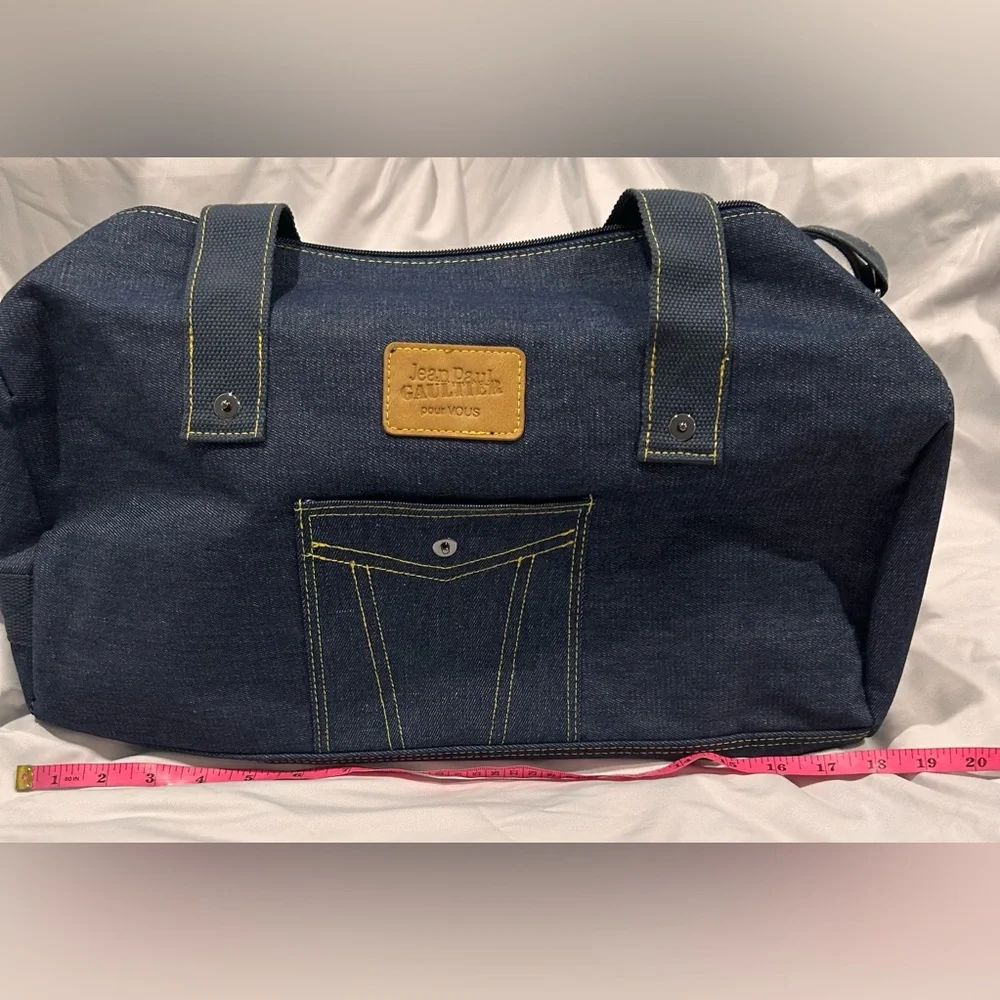 Jean Paul Gaultier pour Vous denim weekend duffel bag with adjustable strap